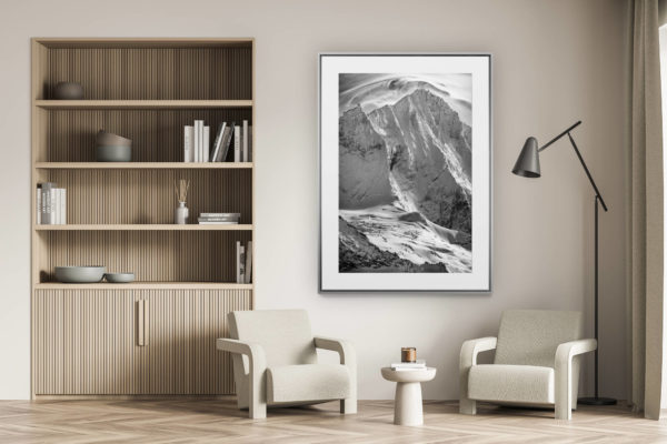 décoration murale salon - photo montagne alpes suisses noir et blanc - Image noir et blanc du sommet de montagne rocheuse du Weisshorn  depuis Grimentz dans les Alpes Valaisannes