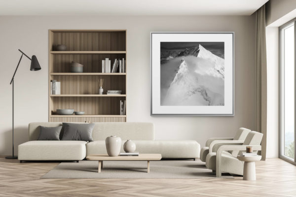 swiss chalet decoration - swiss chalet interior - large mountain picture - black and white mountain picture snow zermatt