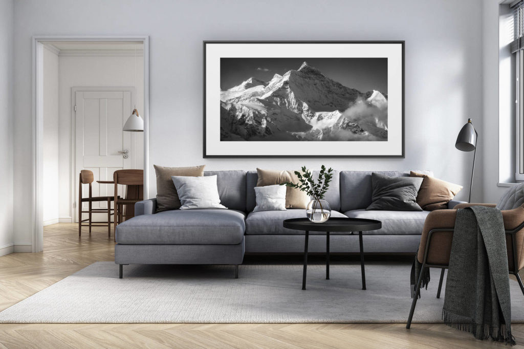 décoration intérieur salon rénové suisse - photo alpes panoramique grand format -
