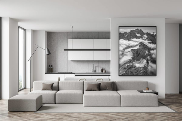 décoration murale salon suisse - photo montagne noir et blanc - déco salle à manger tendance - photographie de montagne noir et blanc - premières neiges sur les Alpes