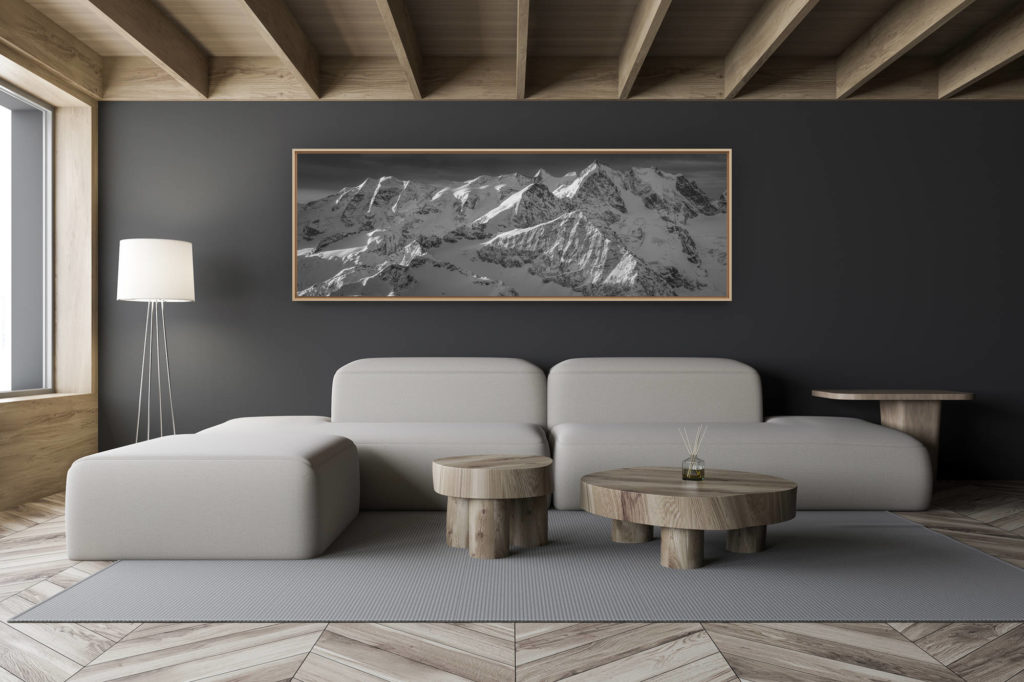 décoration salon chalet moderne - intérieur petit chalet suisse - photo montagne noir et blanc grand format -
