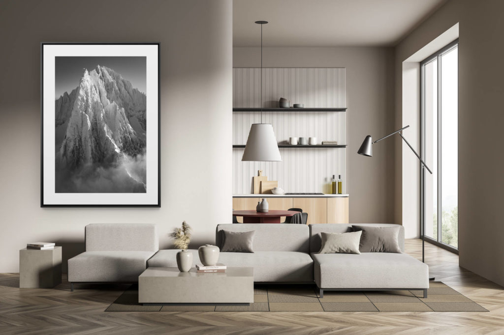 déco tendance salon moderne - photo montagne noir et blanc grand format -