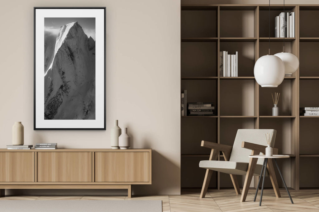 vertical wall decoration in modern interior wood - black and white mountain picture -