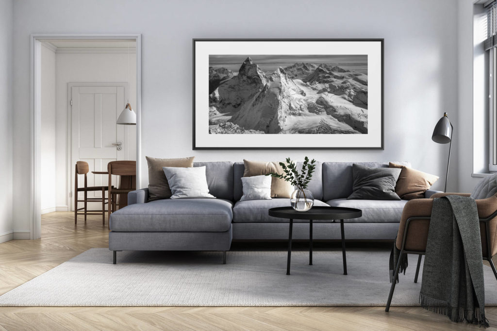 décoration intérieur salon rénové suisse - photo alpes panoramique grand format - panorama montagnes suisses noir et blanc - achat oeuvre d'art Cervin