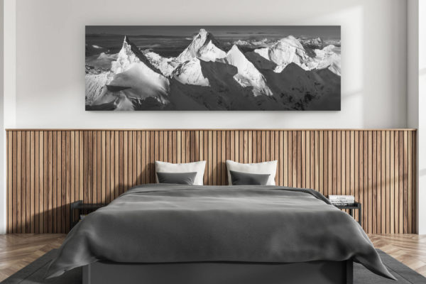 décoration murale chambre adulte moderne - intérieur chalet suisse - photo montagnes grand format alpes suisses - Photo noir et blanc panoramique montagnes Suisse