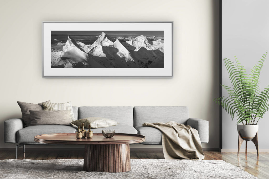 tableau montagne grand format - décoration murale salon moderne - Photo noir et blanc panoramique montagnes Suisse