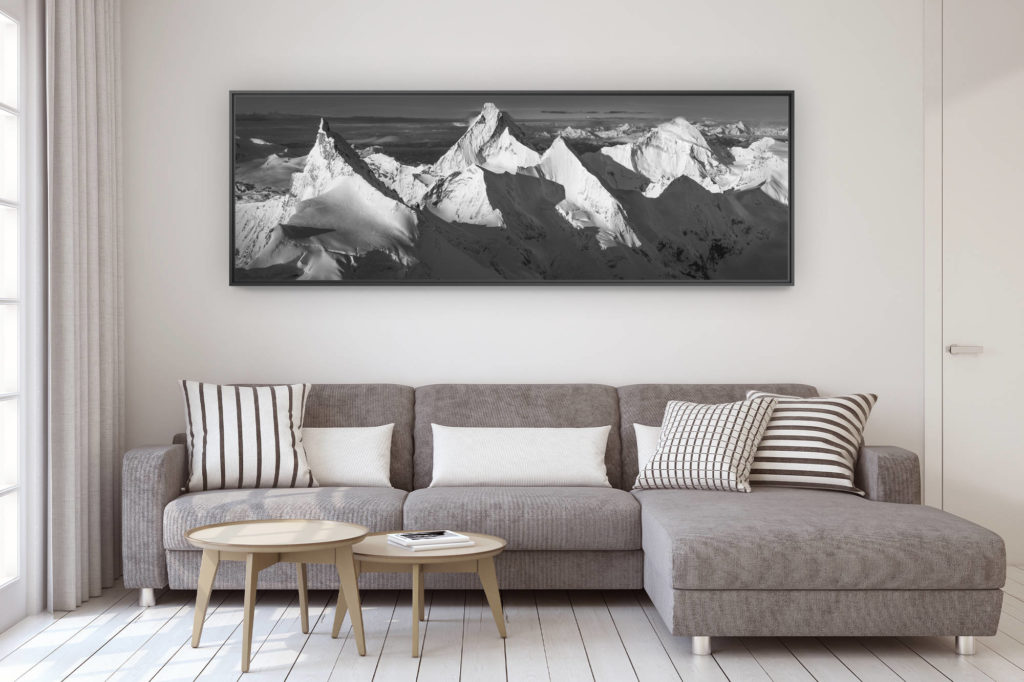 décoration murale design salon moderne - photo montagne grand format - Photo noir et blanc panoramique montagnes Suisse