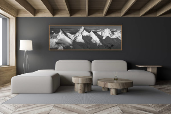 décoration salon chalet moderne - intérieur petit chalet suisse - photo montagne noir et blanc grand format - Photo noir et blanc panoramique montagnes Suisse