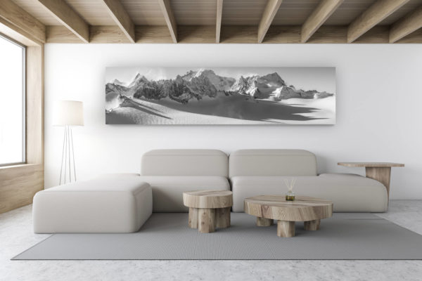décoration intérieur chalet de montagne suisse - photo de montagne noir et blanc - panorama montagnes suisses - panoramique sur le plateau du trient