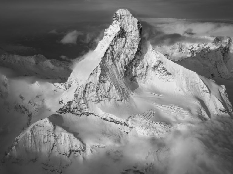 black and white mountain picture. Matterhorn photography with snow