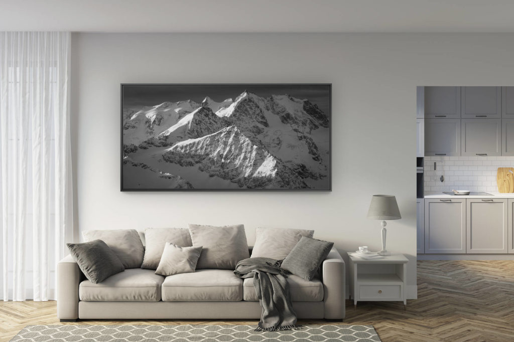 déco salon rénové - tendance photo montagne grand format - panorama sur les montagne de st moritz dans le canton des grisons - oeuvre art noir et blanc