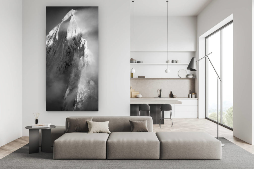 décoration salon suisse - photo montagne noir et blanc - Photo des Drus verticale - Aiguille Verte ennneigée - Aiguille des Drus givrés - Chamonix