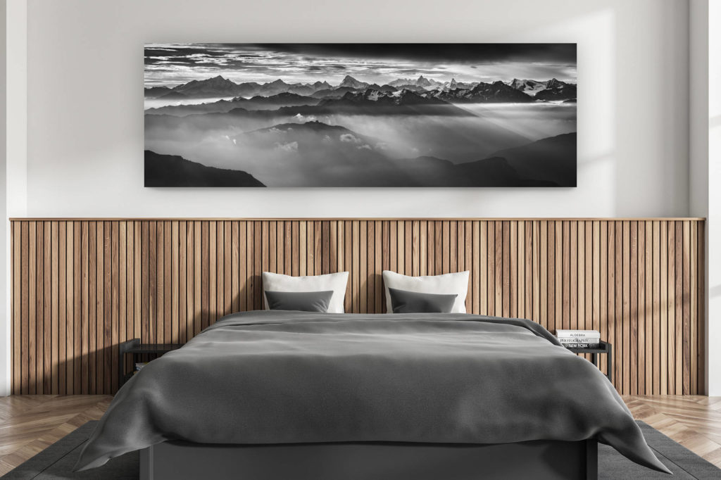 décoration murale chambre adulte moderne - intérieur chalet suisse - photo montagnes grand format alpes suisses - Panorama de montagne des Alpes Valaisannes et des Dents du midi noir et blanc - Tableau photo à encadrer de Zermatt dans une mer de nuage sous les rayons du soleil