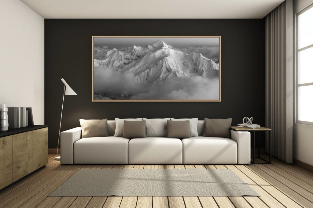 déco salon chalet rénové de montagne - photo montagne grand format -  - photo mont blanc noir et blanc - photo encadrée d'une panoramique de montagne en suisse