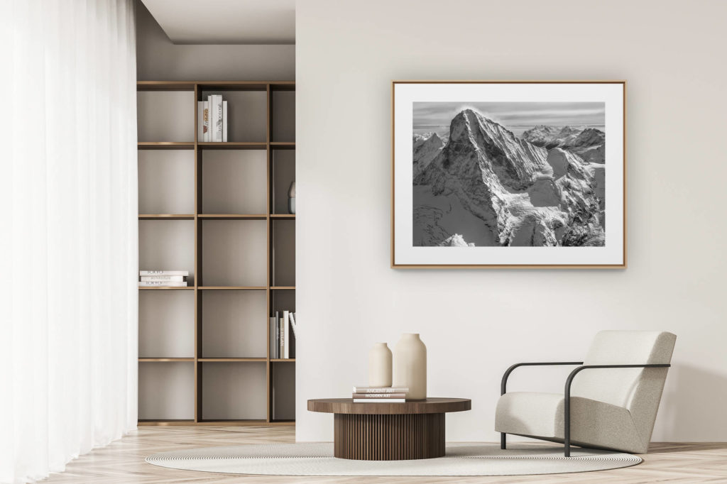 déco tendance salon moderne - photo montagne noir et blanc grand format - photo dent blanche et sa voie normale paysage de montagne alpin