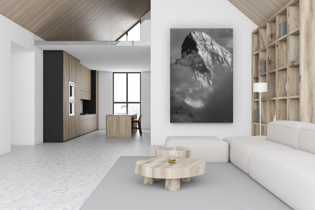 luxury swiss chalet decoration - large vertical mountain picture - design wall decoration - The Matterhorn - Matterhorn Zermatt- Wooden picture frame of the Matterhorn in the Valais Alps in Switzerland