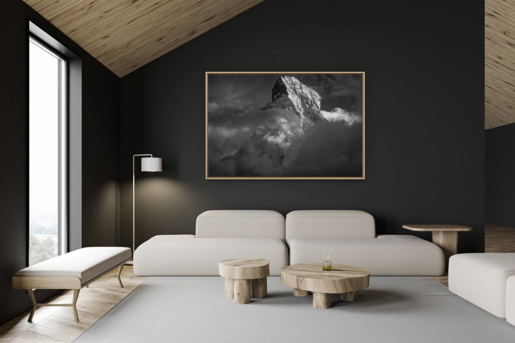 dekoration schweizer chalet - innenausstattung schweizer chalet - großformatiges bergfoto - Schneebild in den Bergen auf den schneebedeckten felsigen Bergen von The Matterhorn vom Matterhorn aus bei Sonnenuntergang