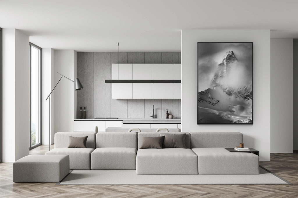 swiss living room wall decor - black and white mountain photo - trendy dining room decor - North face Obergabelhorn from Zermatt and Crans-Montana