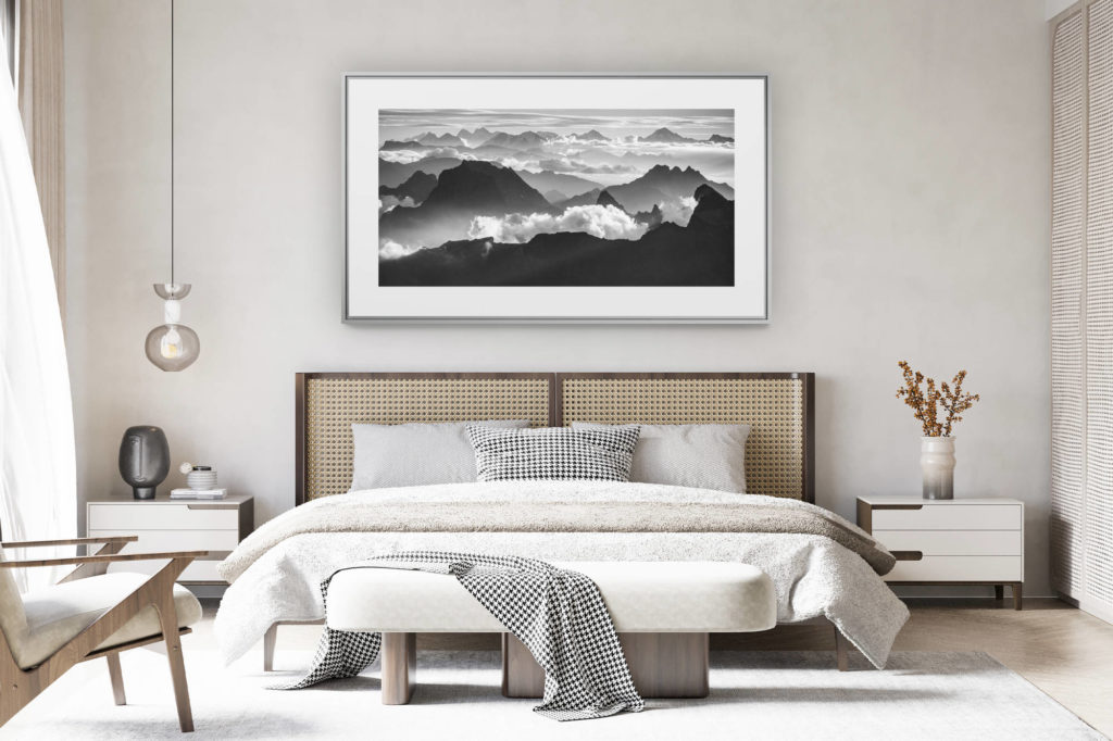 decorating a Swiss chalet room - panoramic mountain photo large size - Black and white panorama of bernese alps in Switzerland - View of the mountain summits of bernese alps and Vaudoise above a sea of clouds