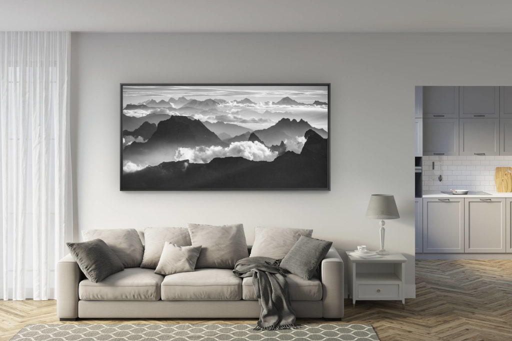 renovated living room - trendy mountain photo large size - Black and white panorama of bernese alps in Switzerland - View of the mountain summits of bernese alps and Vaudoise above a sea of clouds