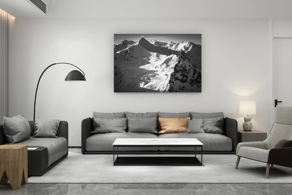 living room decoration contemporary - swiss mountain lovers gift - Zinalrothorn - Snowy mountain landscape under the sun rays that illuminate the rocky mountain of Switzerland towards Crans Montana