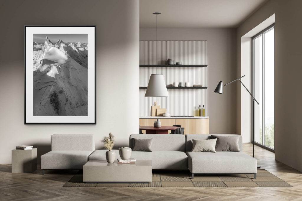 déco tendance salon moderne - photo montagne noir et blanc grand format - photo de montagne noir et blanc - paysage de montagne - photo montagne verticale - tableau photo montagne suisse - Zinalrothorn