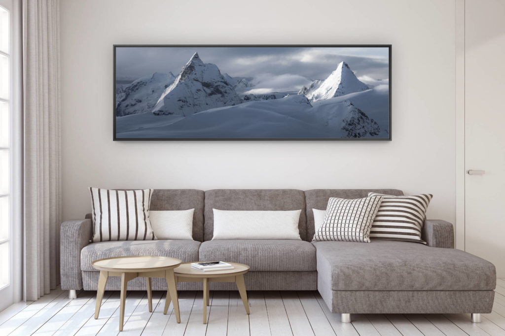 Wanddekoration Design modernes Wohnzimmer - Foto Berg im Großformat - Fotografie pannorama Licht auf Matterhorn und Dent d&#039;Hérens