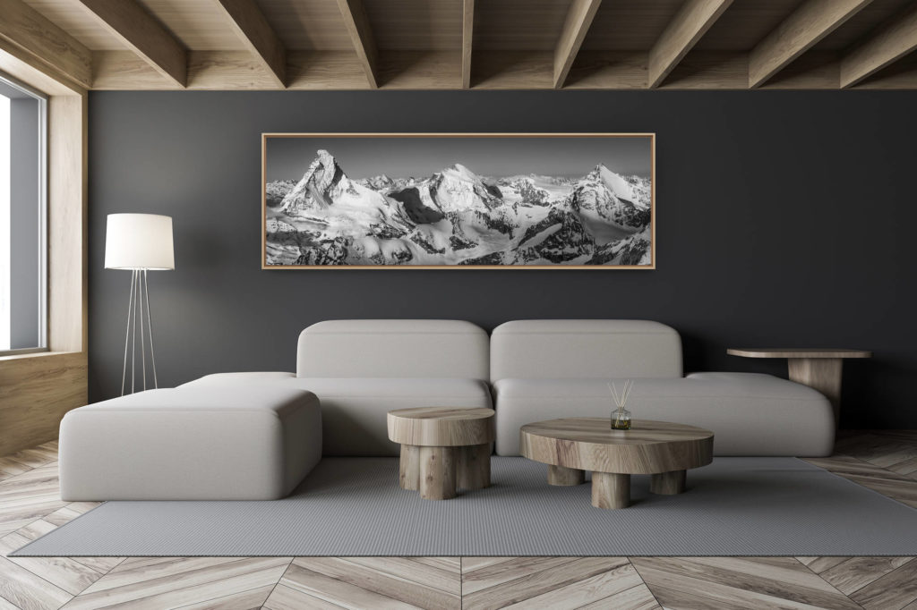 Wohnzimmerdekoration modernes Chalet - Inneneinrichtung kleines Schweizer Chalet - Bergfoto schwarz und weiß im Großformat - Panoramablick Matterhorn dent d&#039;Hérens