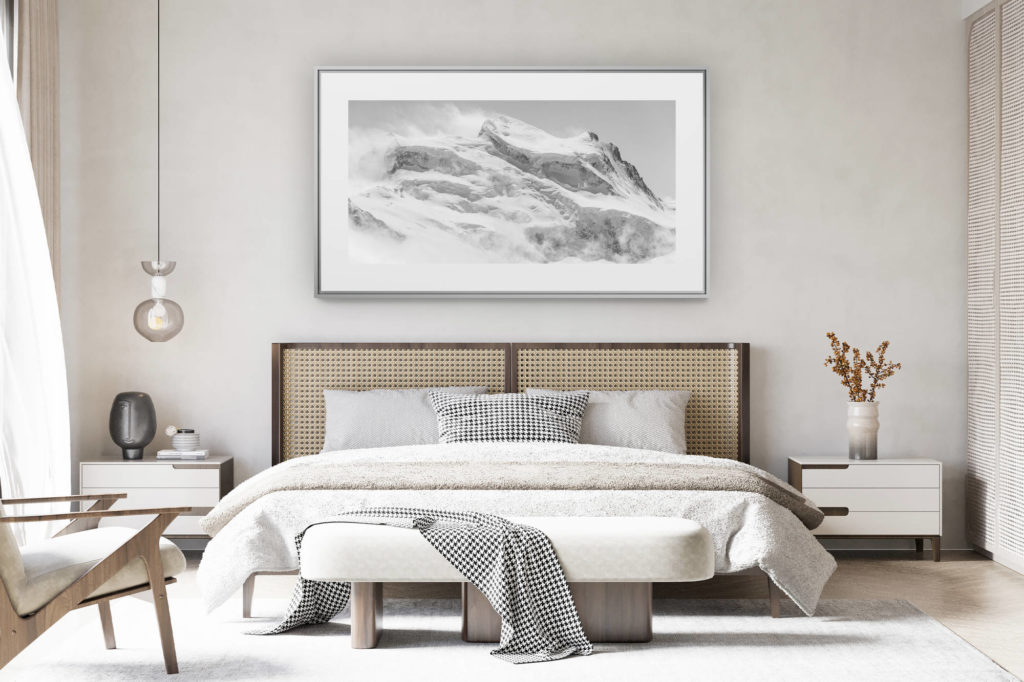 decorating a room in a renovated swiss chalet - large panoramic mountain picture - panoramic view Combins - black and white mountain panorama