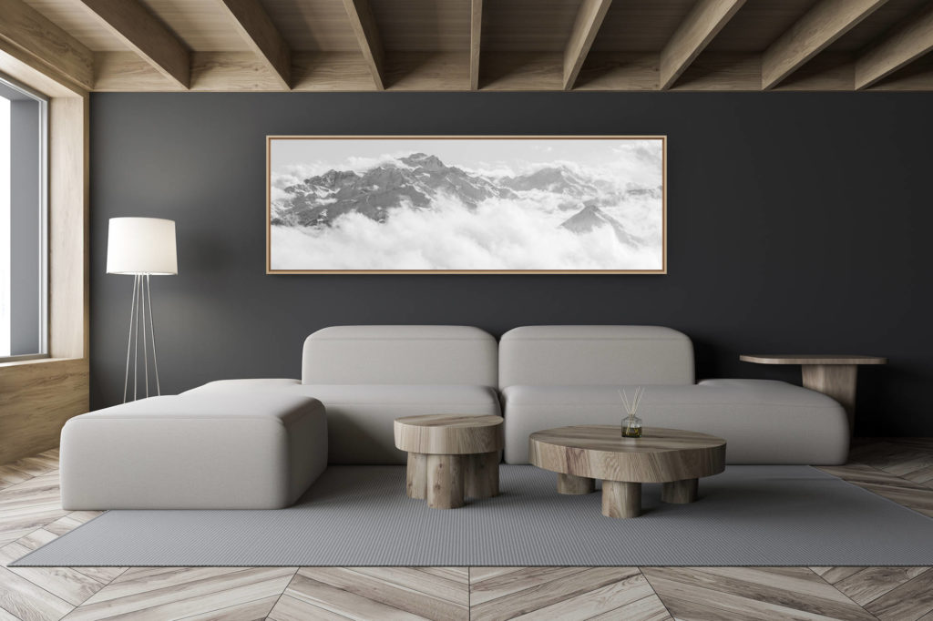 modern chalet living room decoration - small swiss chalet interior - black and white mountain photo large size - panoramic poster Combins, Mont Vélan and Catogne mountains