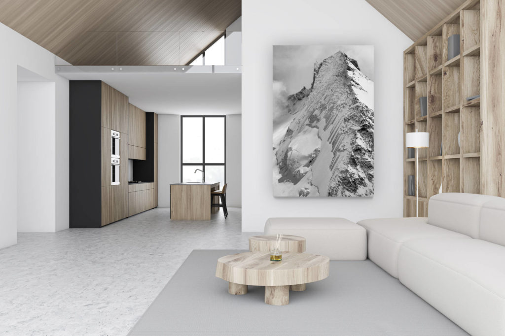 dekoration luxus chalet schweiz - großformatiges bergfoto vertikal - design wanddekoration - Chamonix-Zermatt - Schwarz-weißes Berglandschaftsbild von Dent d&#039;Hérens vom weißen Kopf aus in den Alpen in der Schweiz