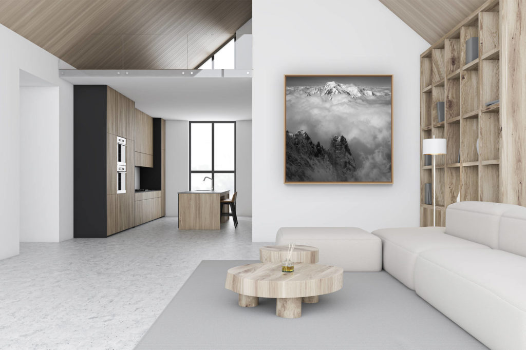 luxury renovated chalet wall decor - black and white mountain photos - Les Drus and photos of the Massif du Mont Blanc - black and white mountain pictures