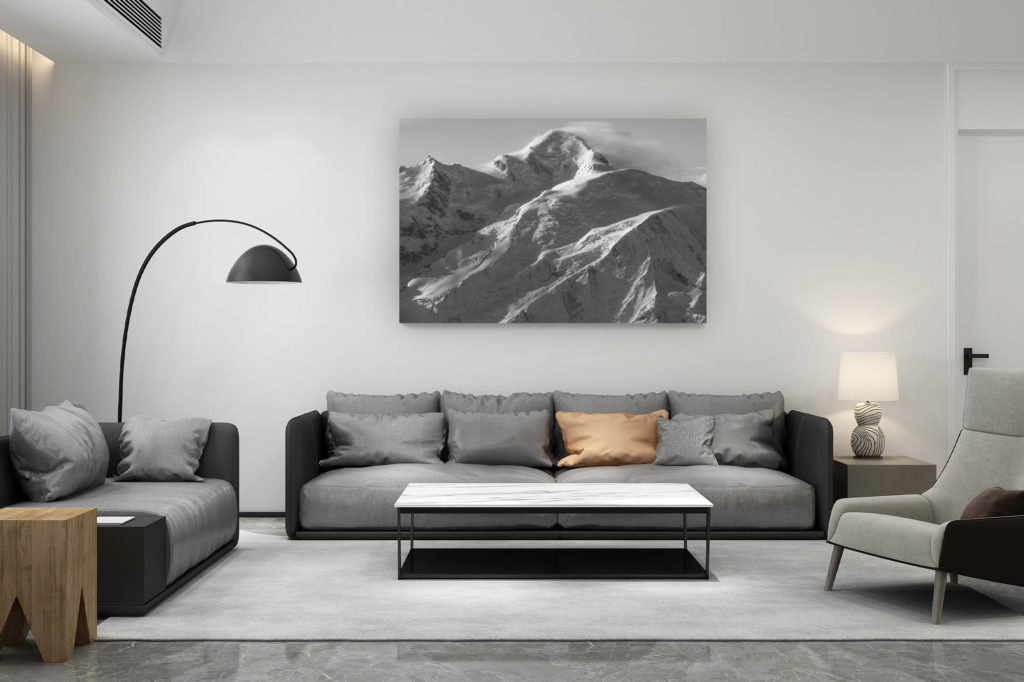 zeitgenössische Wohnzimmerdekoration aus der Schweiz - Geschenk für Schweizer Bergliebhaber - Gipfel Mont Blanc - Foto vom Mont Blanc schwarz-weiss - Voie normale et du refuge des Grands Mullets nach einem Sturm in den Bergen