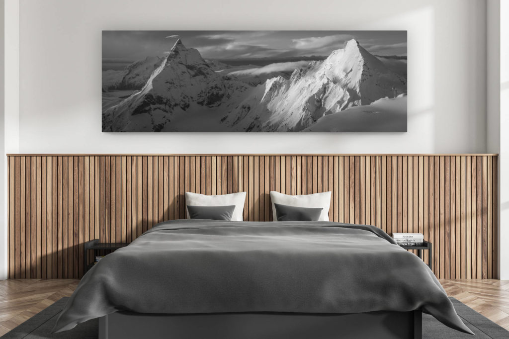 wanddekoration erwachsenenzimmer modern - innenausstattung schweizer chalet - großformatiges bergfoto schweizer alpen - Panorama schwarz-weiß Matterhorn und Dent d&#039;Hérens