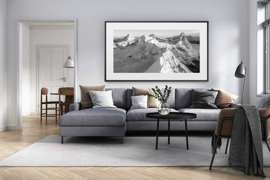 innendekoration renoviertes wohnzimmer schweiz - alpenpanorama foto grossformat - Zermatt schwarz-weiss panorama - Cervinia italien