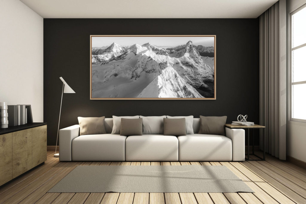 deko wohnzimmer renovierte berghütte - großformatiges bergfoto - - Zermatt schwarz-weiß panorama - Cervinia italien
