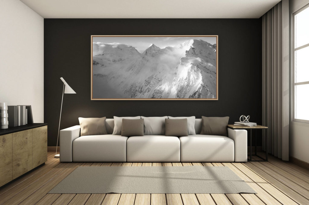 deco salon chalet rénové de montagne - photo montagne grand format - - photo montagne panoramique des Combins- Panorama suisse montagne en noir et blanc
