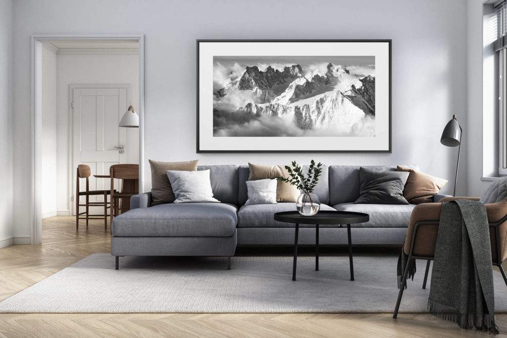 interior design living room renovated switzerland - panoramic alps photo large size - panoramic photo of the Écrins massif - black and white mountain photo