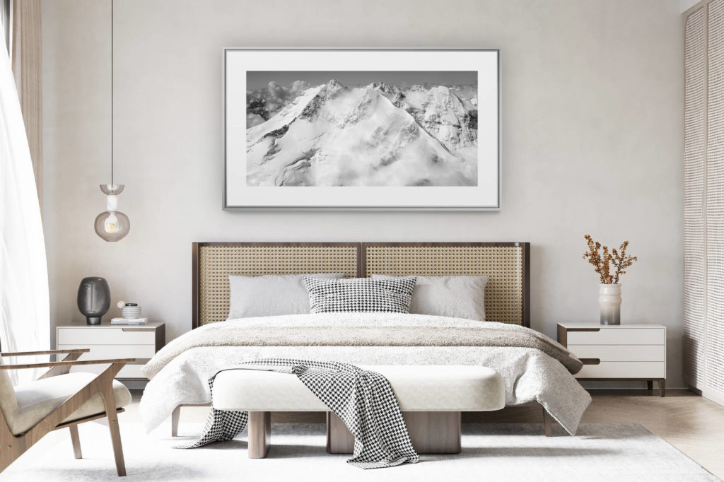 decorating a room in a renovated Swiss chalet - large panoramic mountain photos - Piz Bernina Engadine Switzerland - Panorama Mountain Alps