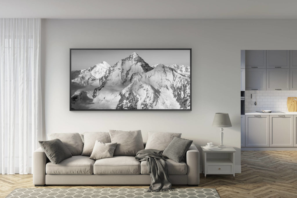 déco salon rénové - tendance photo montagne grand format - Panorama of a mountain landscape in black and white in the Val d&#039;Anniviers - Dent Blanche and Grand Cornier. - Crans Montana