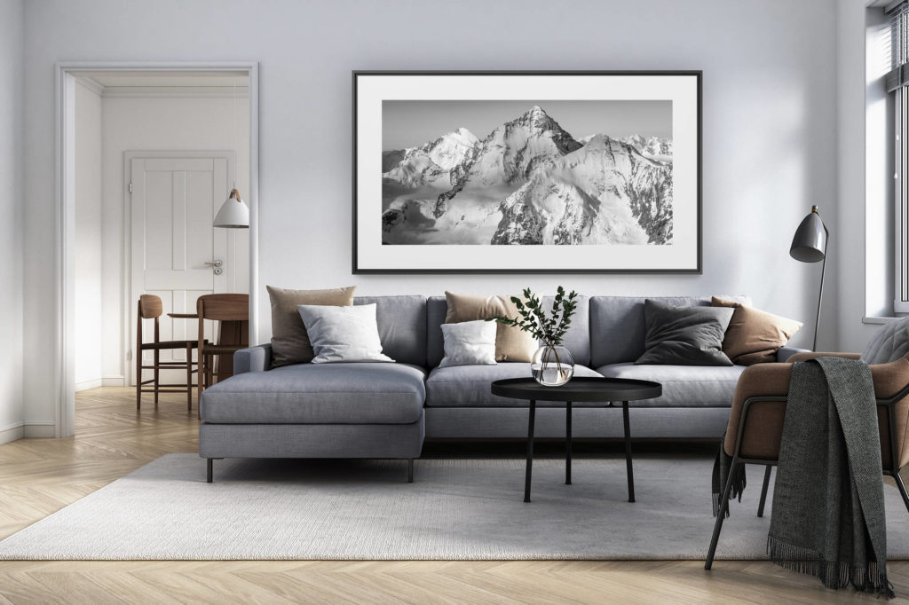 interior design living room renovated switzerland - panoramic alps photo large format - Panorama of a mountain landscape in black and white of the Val d'Anniviers - Dent Blanche and Grand Cornier. - Crans Montana