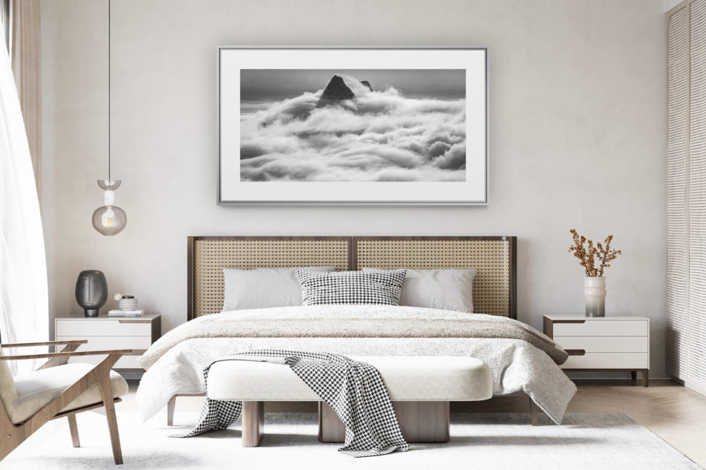 decorating a room in a renovated Swiss chalet - large panoramic mountain photo - Schreckhorn - Lauteraarhorn - Black and white sea of clouds and mountain in the mist - summits mountain of Grindelwald