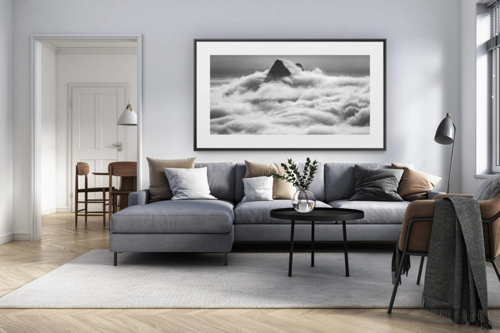 interior decoration swiss living room - panoramic alps picture large size - Schreckhorn - Lauteraarhorn - Black and white sea of clouds and mountain picture in the mist - summits mountain Grindelwald