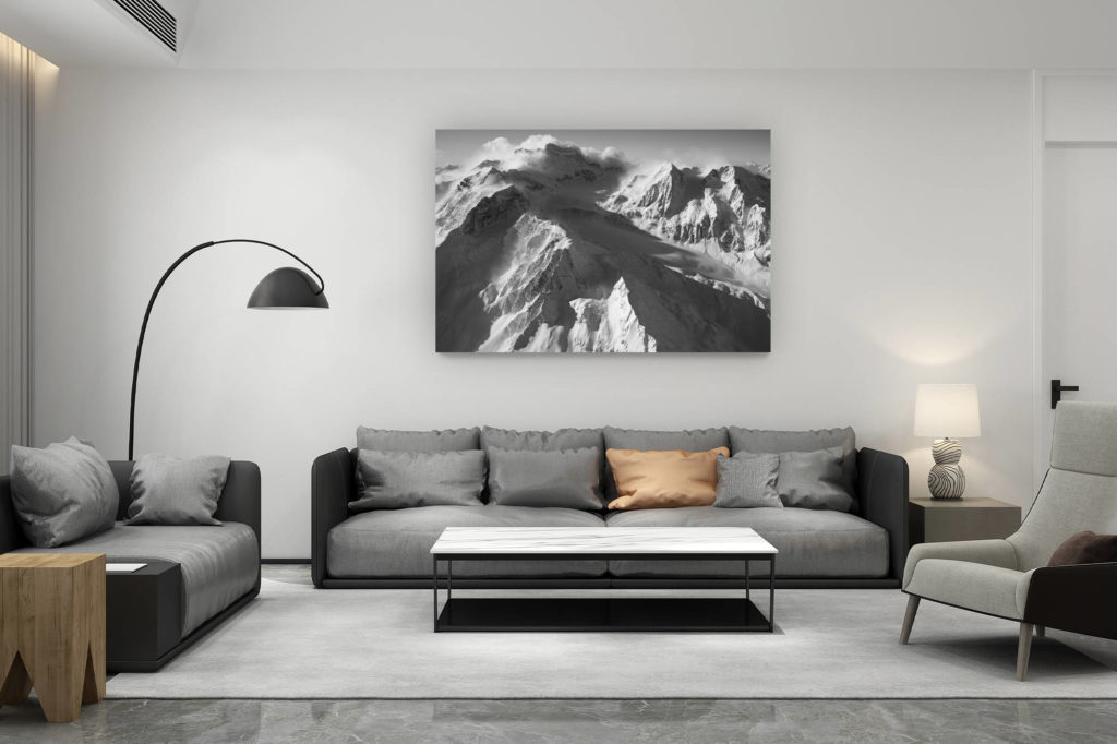 living room decoration contemporary - swiss mountain lovers gift - Combins valley - black and white mountain sunrise and mountain scenery image - Swiss Alps mountain range