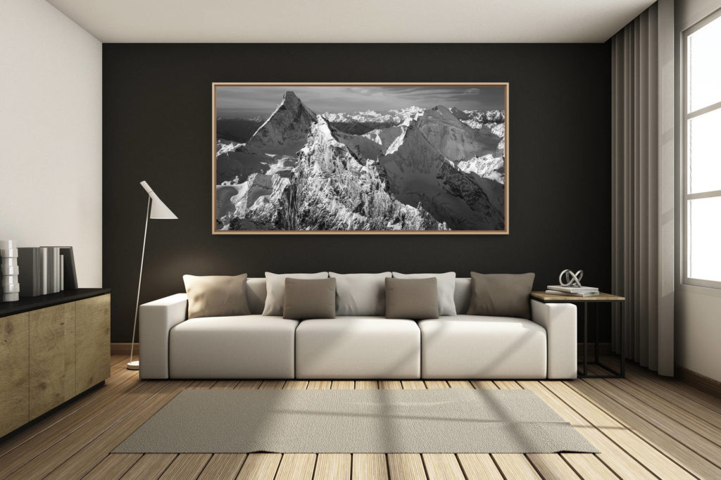 deco salon chalet rénové de montagne - photo montagne grand format - - Rahmung Panorama-Foto des Gipfels der Walliser Alpen Schweiz - Zermatt -. Obergabelhorn