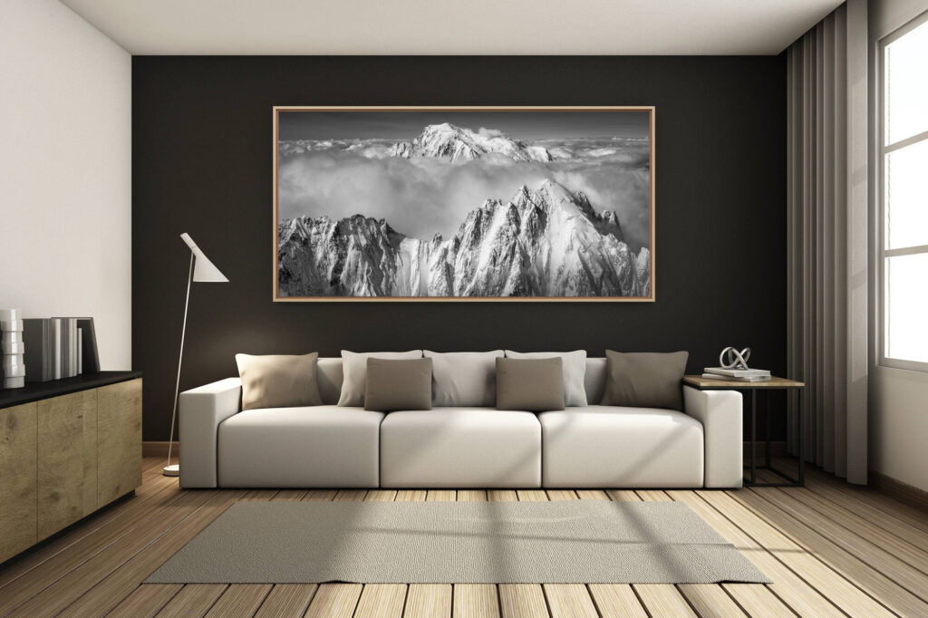 déco salon chalet rénové de montagne - photo montagne grand format - - Aiguille Verte et Mont Blanc - Chamonix panoramic mont blanc - Voie normal en noir et blanc