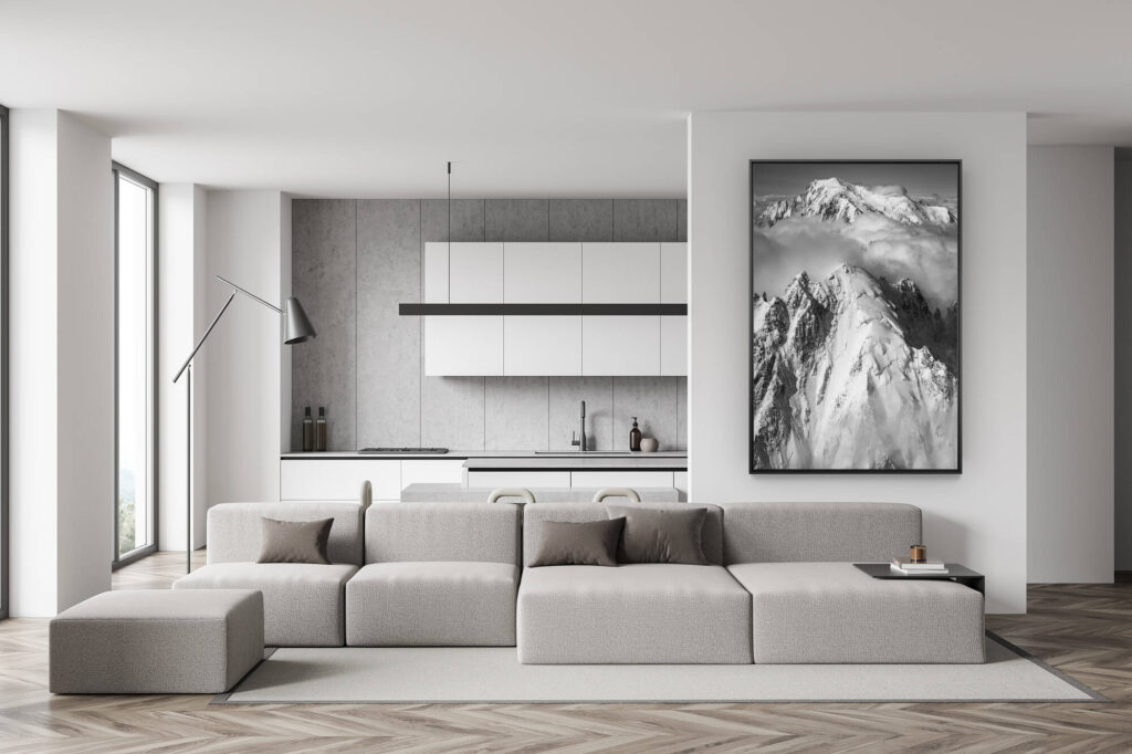 Wanddekoration Wohnzimmer Schweiz - Bergfoto schwarz-weiss - trendige Esszimmerdekoration - Aiguille verte Chamonix - Vertical Mont Blanc in schwarz-weissem Bergpanorama