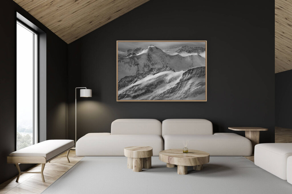 swiss chalet decoration - swiss chalet interior - big mountain picture - Aletschhorn - Black and white picture of swiss mountains in the bernese alps