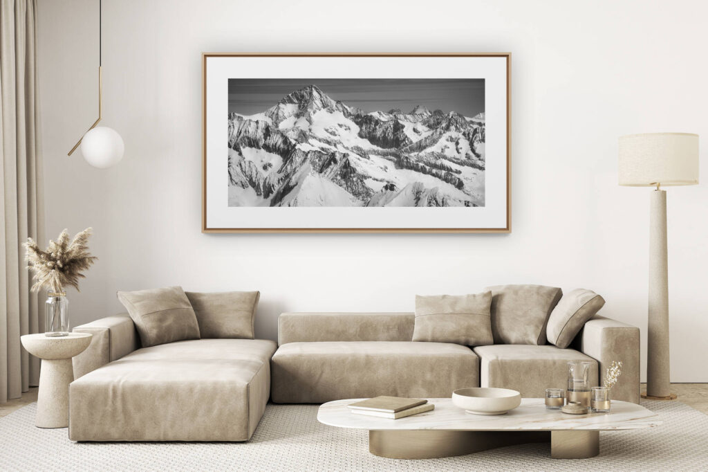 living room decoration Light - big mountain picture - Aletschhorn and bernese alps black and white - Photo of the summits Alps and the Swiss mountains