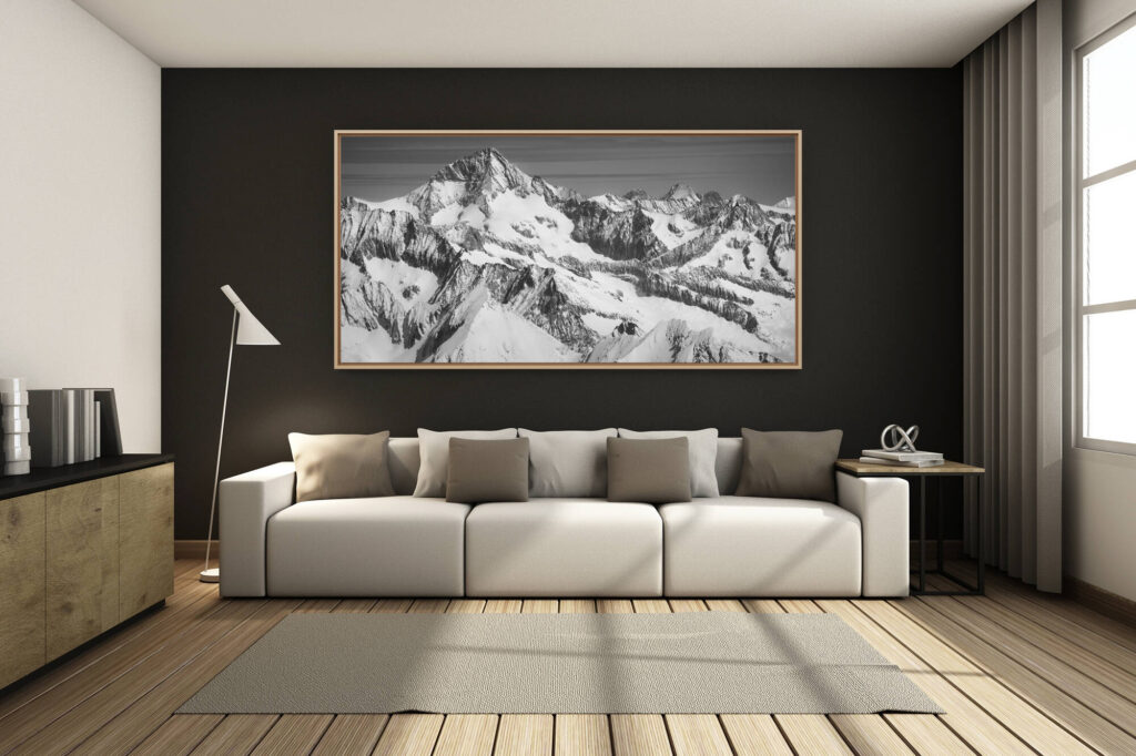 deco salon chalet rénové de montagne - photo montagne grand format - - Aletschhorn und Berner Alpen schwarz-weiß - Foto von Alpengipfeln und Bergmassiven in der Schweiz